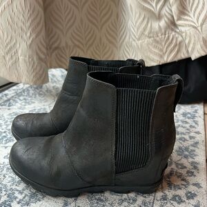 Sorel Black “Joan Rhapsody” Chelsea Ankle Wedge Booties with Elastic Panels